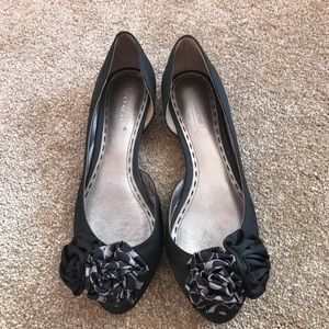 Coach Black Satin Floral Point Toe Ballerina Flats